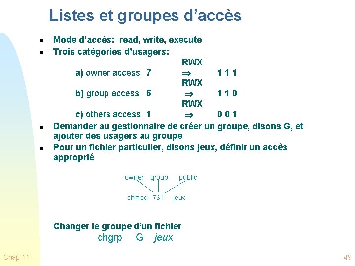 Listes et groupes d’accès n n Mode d’accès: read, write, execute Trois catégories d’usagers: