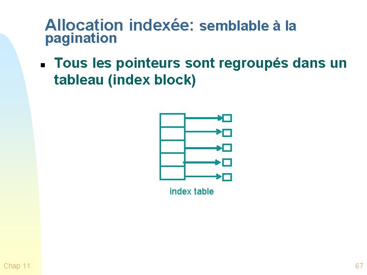 Allocation indexée: semblable à la pagination n Tous les pointeurs sont regroupés dans un