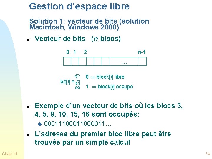 Gestion d’espace libre Solution 1: vecteur de bits (solution Macintosh, Windows 2000) n Vecteur