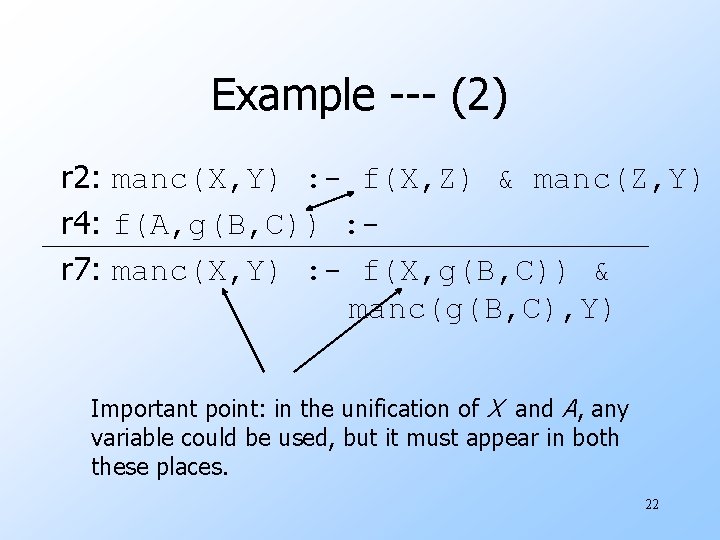 Example --- (2) r 2: manc(X, Y) : - f(X, Z) & manc(Z, Y)