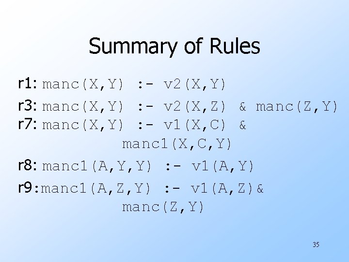 Summary of Rules r 1: manc(X, Y) : - v 2(X, Y) r 3: