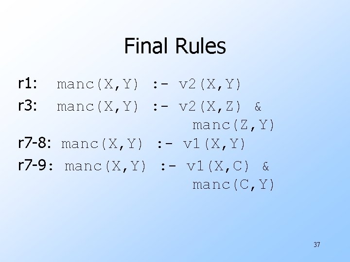 Final Rules r 1: r 3: manc(X, Y) : - v 2(X, Y) manc(X,