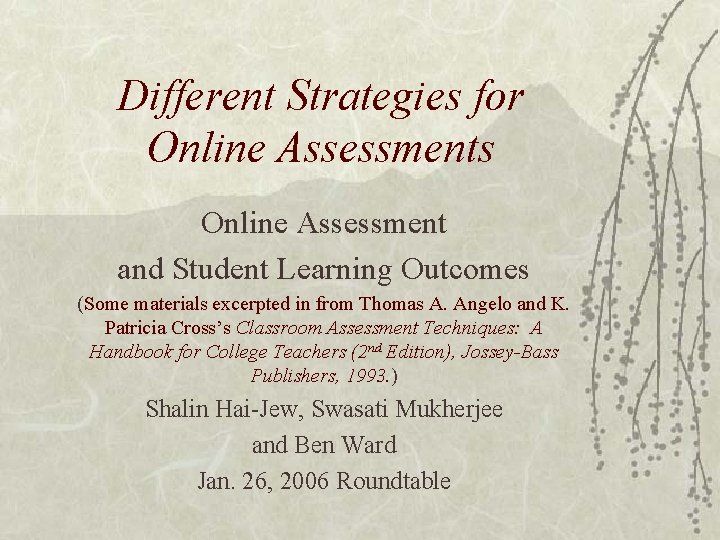 Different Strategies for Online Assessments Online Assessment and Student Learning Outcomes (Some materials excerpted