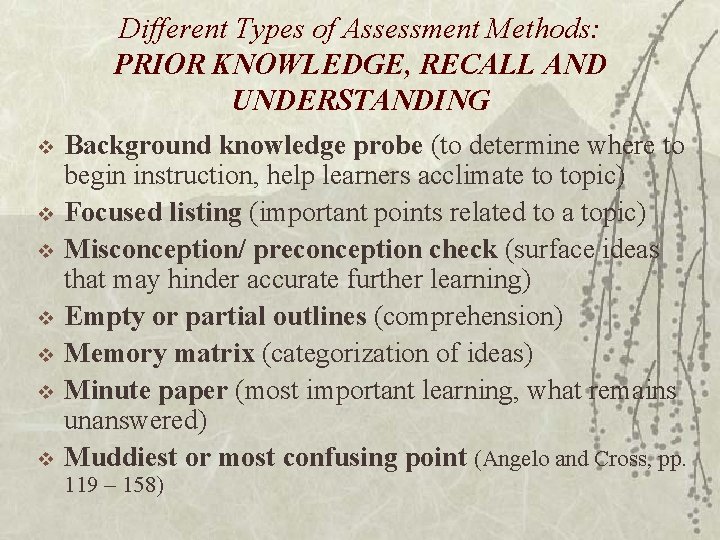 Different Types of Assessment Methods: PRIOR KNOWLEDGE, RECALL AND UNDERSTANDING v v v v