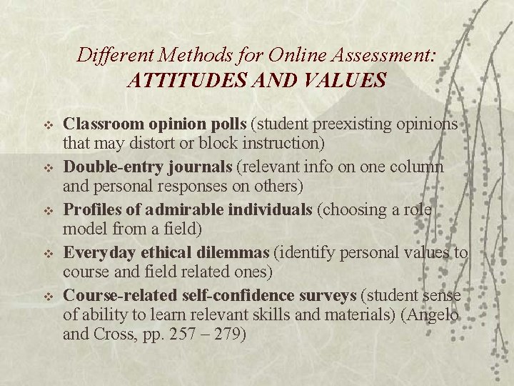 Different Methods for Online Assessment: ATTITUDES AND VALUES v v v Classroom opinion polls