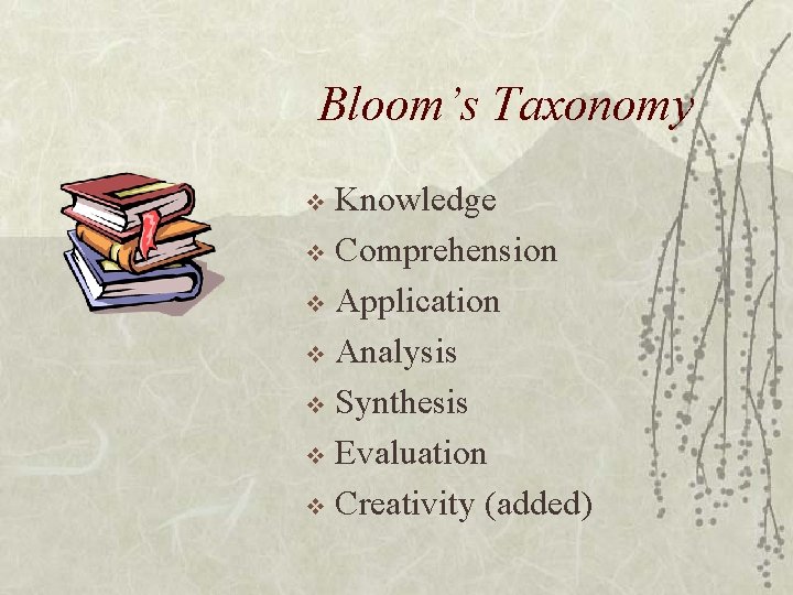 Bloom’s Taxonomy Knowledge v Comprehension v Application v Analysis v Synthesis v Evaluation v