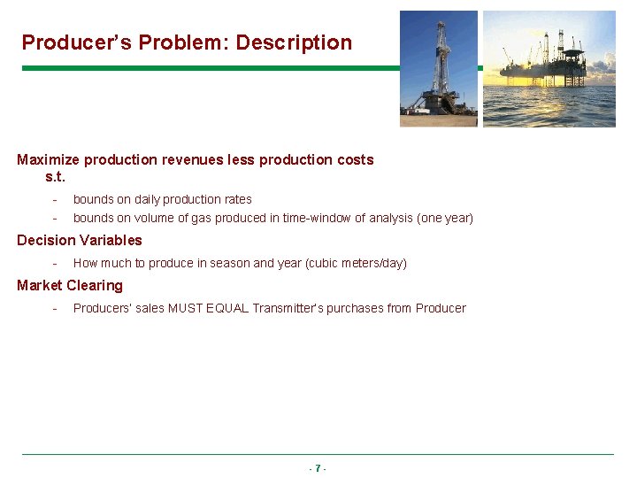 Producer’s Problem: Description Maximize production revenues less production costs s. t. - bounds on