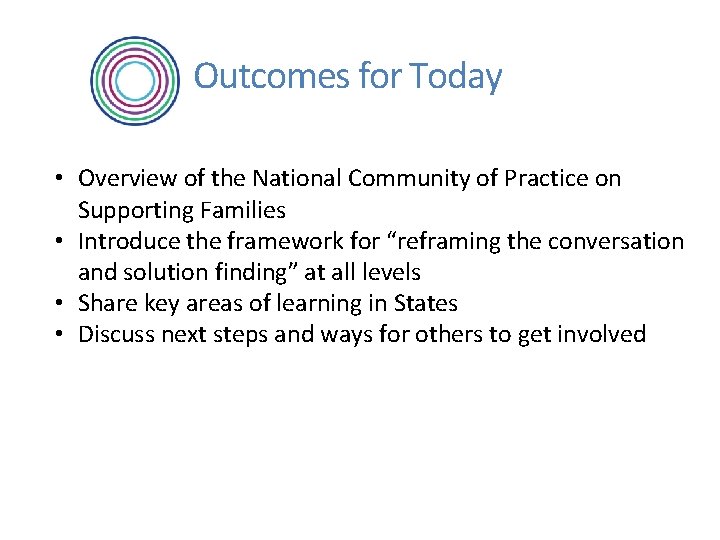 Outcomes for Today • Overview of the National Community of Practice on Supporting Families