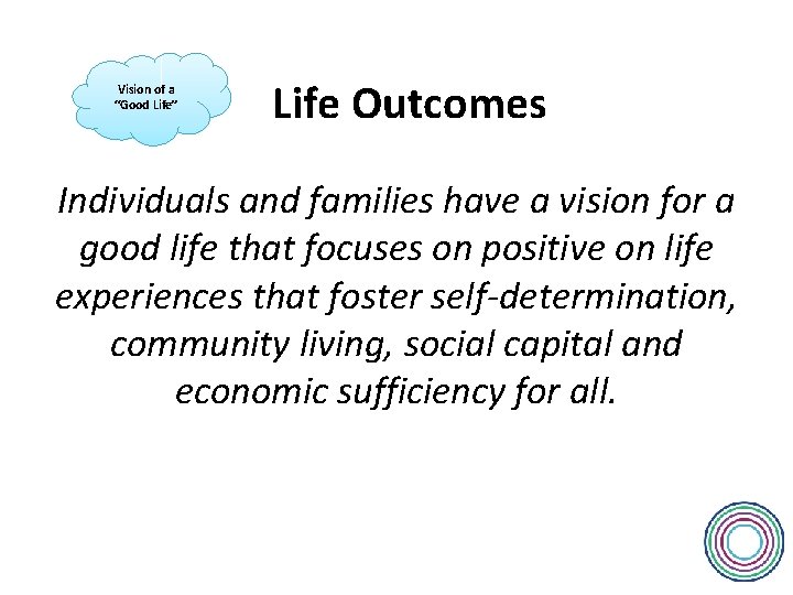 Vision of a “Good Life” Life Outcomes Individuals and families have a vision for