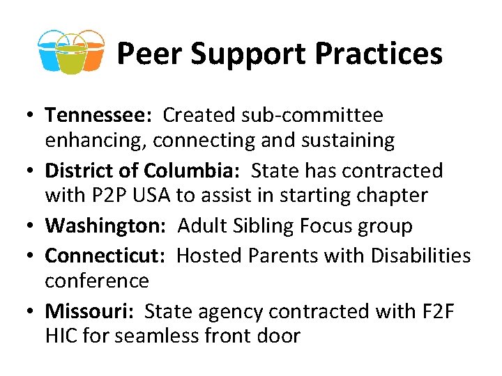 Peer Support Practices • Tennessee: Created sub-committee enhancing, connecting and sustaining • District of