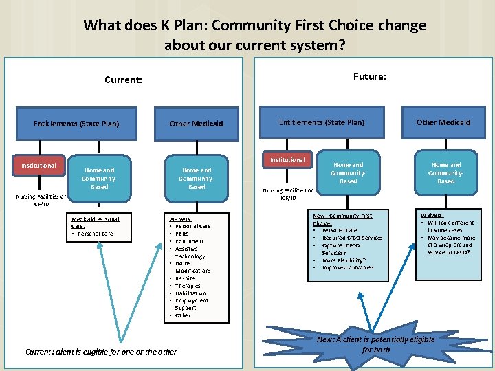 What does K Plan: Community First Choice change about our current system? Future: Current: