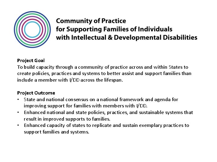 Project Goal To build capacity through a community of practice across and within States