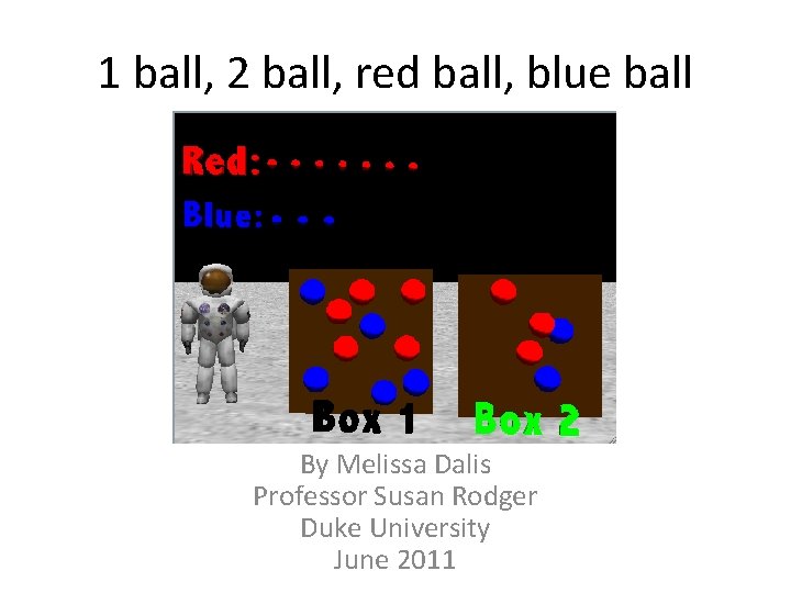 1 ball, 2 ball, red ball, blue ball By Melissa Dalis Professor Susan Rodger