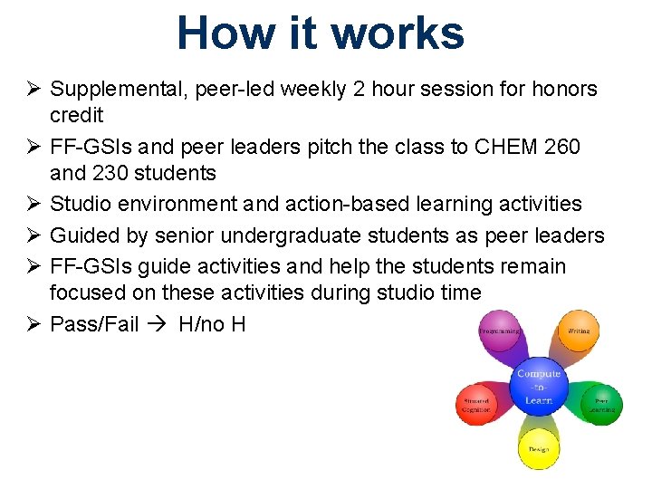 How it works Ø Supplemental, peer-led weekly 2 hour session for honors credit Ø