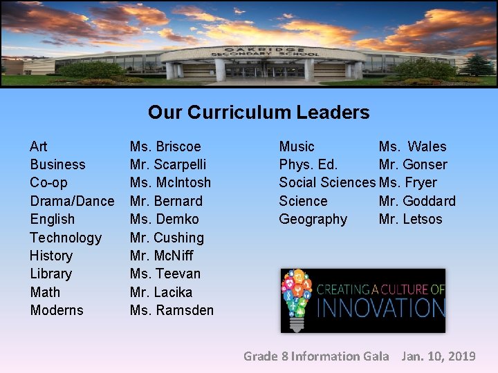 Our Curriculum Leaders Art Business Co-op Drama/Dance English Technology History Library Math Moderns Ms.