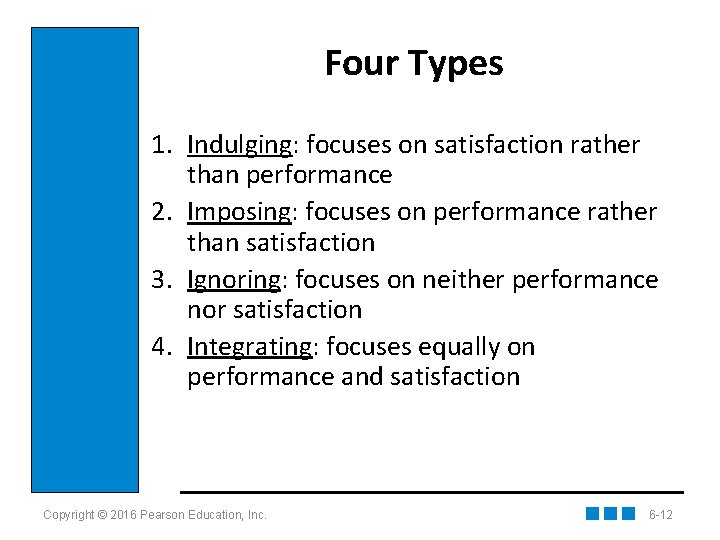 Four Types 1. Indulging: focuses on satisfaction rather than performance 2. Imposing: focuses on