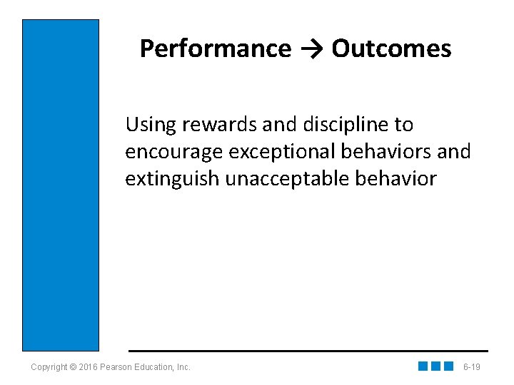 Performance → Outcomes Using rewards and discipline to encourage exceptional behaviors and extinguish unacceptable