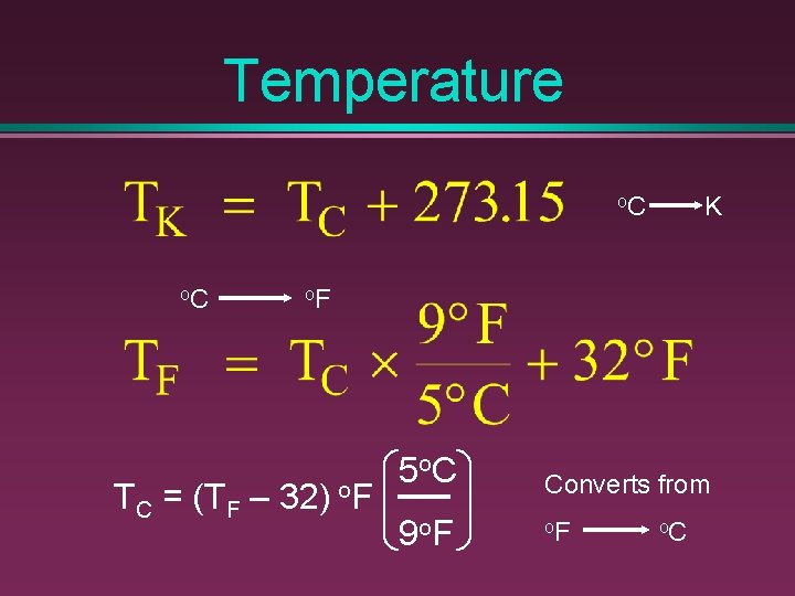 Temperature o. C K o. F TC = (TF – 32) o. F 5