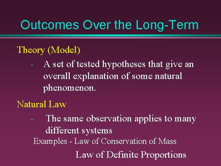 Outcomes Over the Long-Term Theory (Model) - A set of tested hypotheses that give