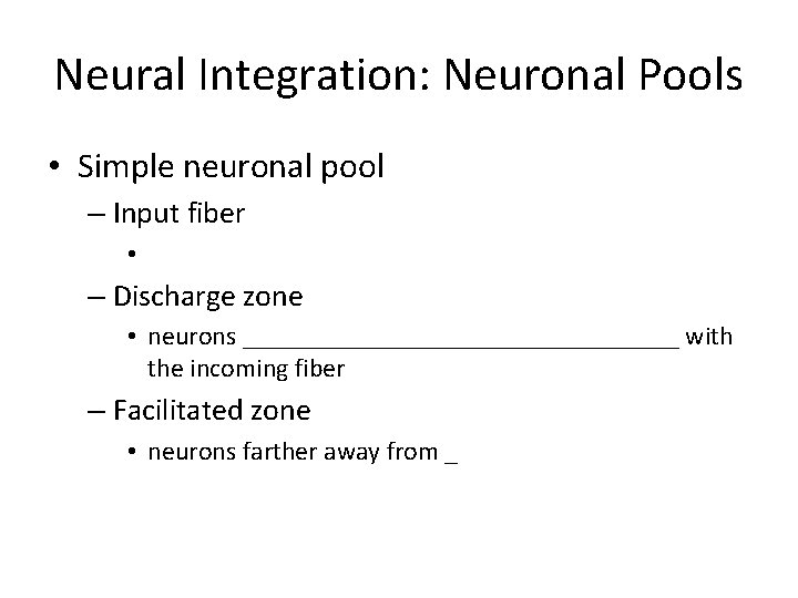 Neural Integration: Neuronal Pools • Simple neuronal pool – Input fiber • – Discharge Neural Integration: Neuronal Pools • Simple neuronal pool – Input fiber • – Discharge