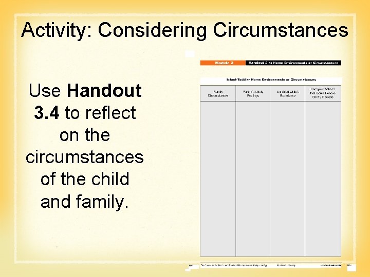 Activity: Considering Circumstances Use Handout 3. 4 to reflect on the circumstances of the