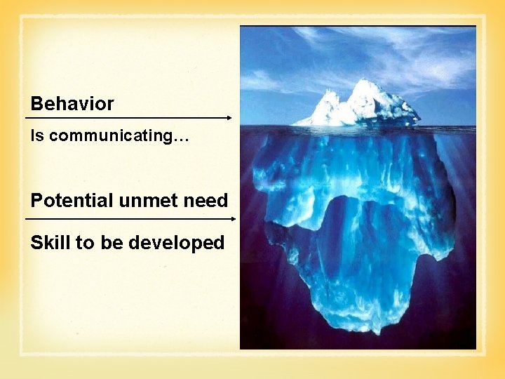 Behavior Is communicating… Potential unmet need Skill to be developed 