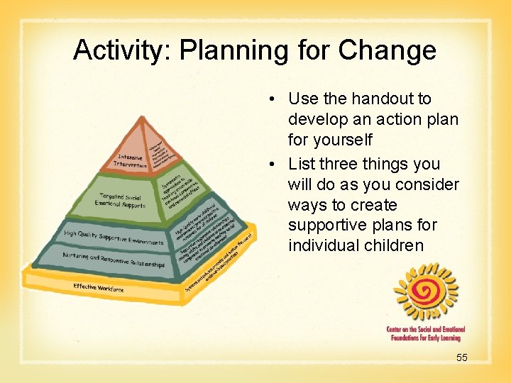 Activity: Planning for Change • Use the handout to develop an action plan for