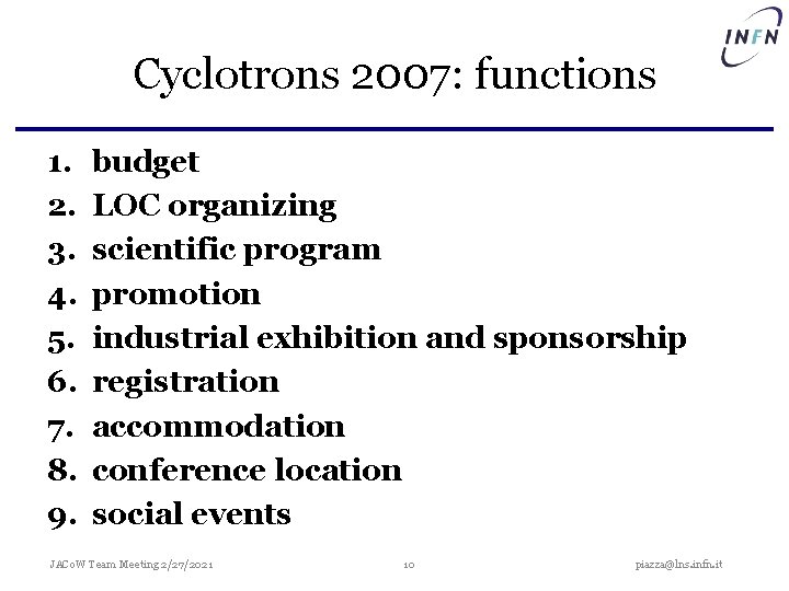 Cyclotrons 2007: functions 1. 2. 3. 4. 5. 6. 7. 8. 9. budget LOC