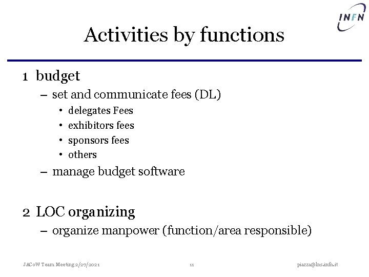 Activities by functions 1 budget – set and communicate fees (DL) • • delegates