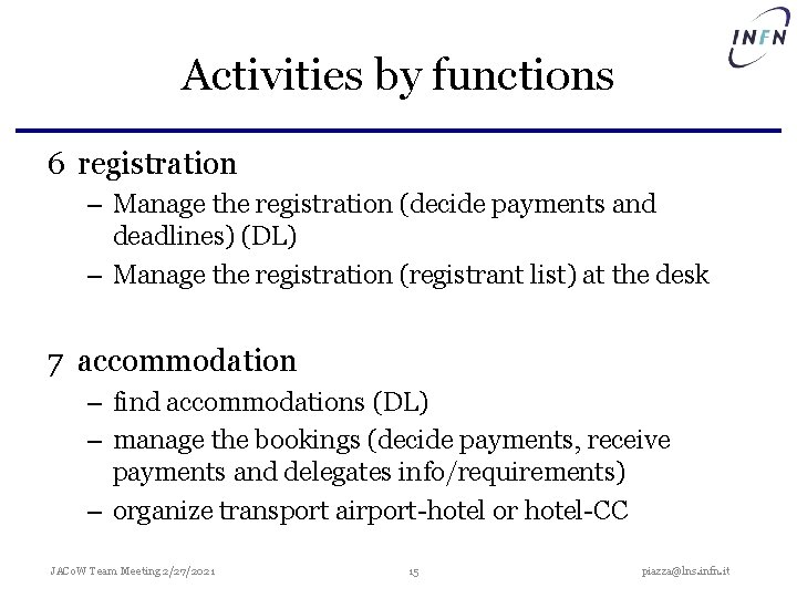 Activities by functions 6 registration – Manage the registration (decide payments and deadlines) (DL)