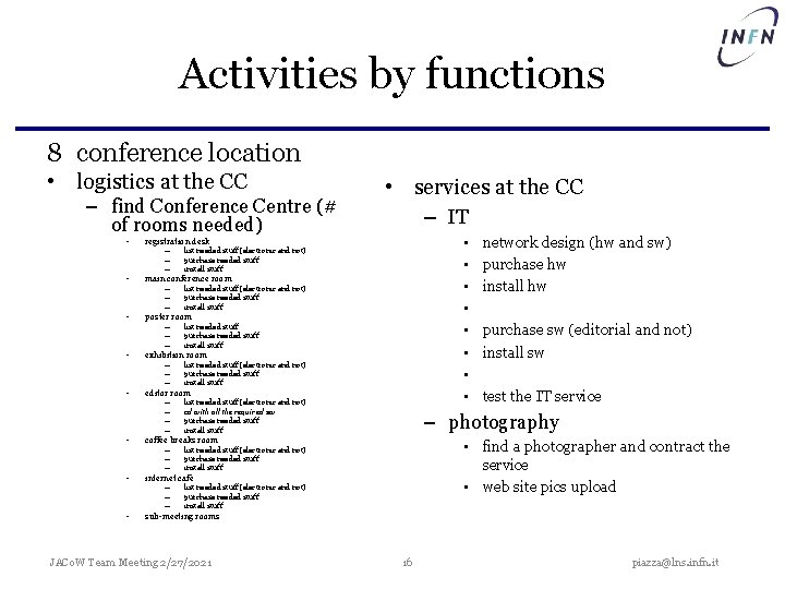 Activities by functions 8 conference location • logistics at the CC – find Conference