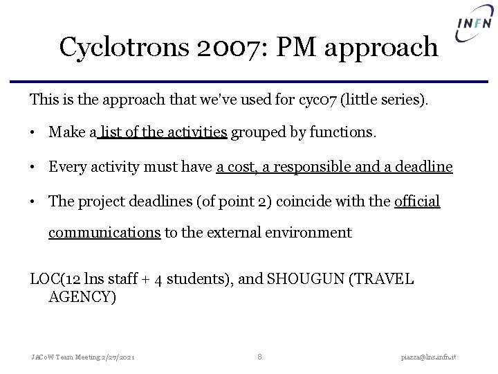 Cyclotrons 2007: PM approach This is the approach that we’ve used for cyc 07