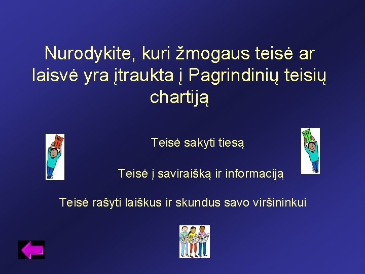 Nurodykite, kuri žmogaus teisė ar laisvė yra įtraukta į Pagrindinių teisių chartiją Teisė sakyti