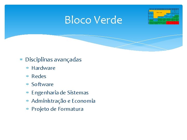 Bloco Verde Disciplinas avançadas Hardware Redes Software Engenharia de Sistemas Administração e Economia Projeto