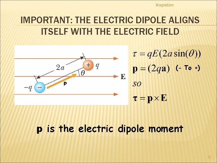Magnetism IMPORTANT: THE ELECTRIC DIPOLE ALIGNS ITSELF WITH THE ELECTRIC FIELD (- To +)