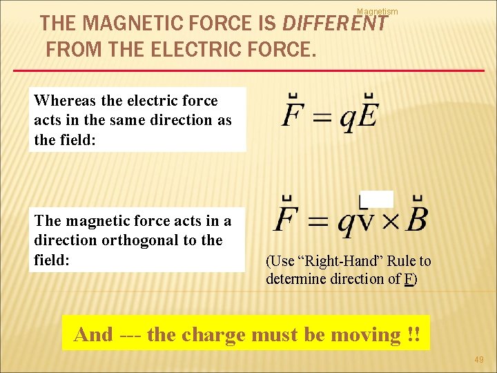 Magnetism THE MAGNETIC FORCE IS DIFFERENT FROM THE ELECTRIC FORCE. Whereas the electric force