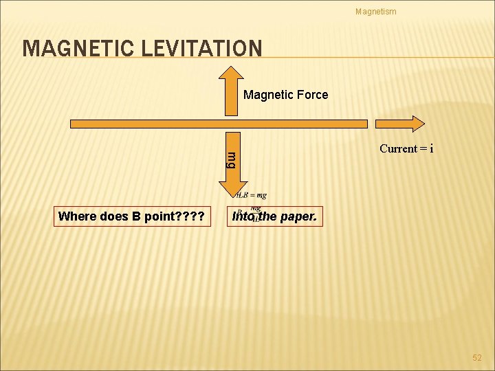 Magnetism MAGNETIC LEVITATION Magnetic Force mg Where does B point? ? Current = i