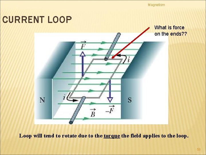 Magnetism CURRENT LOOP What is force on the ends? ? Loop will tend to