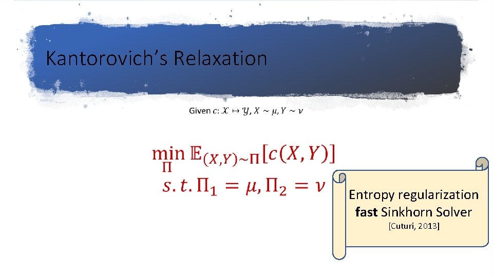 Kantorovich’s Relaxation Entropy regularization fast Sinkhorn Solver [Cuturi, 2013] 