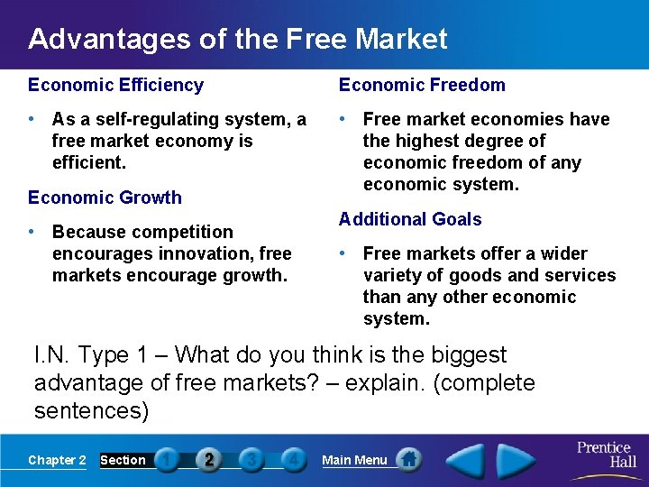 Advantages of the Free Market Economic Efficiency Economic Freedom • As a self-regulating system,