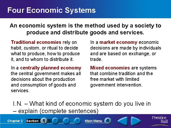 Four Economic Systems An economic system is the method used by a society to