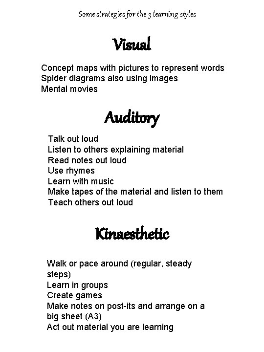 Some strategies for the 3 learning styles Visual Concept maps with pictures to represent