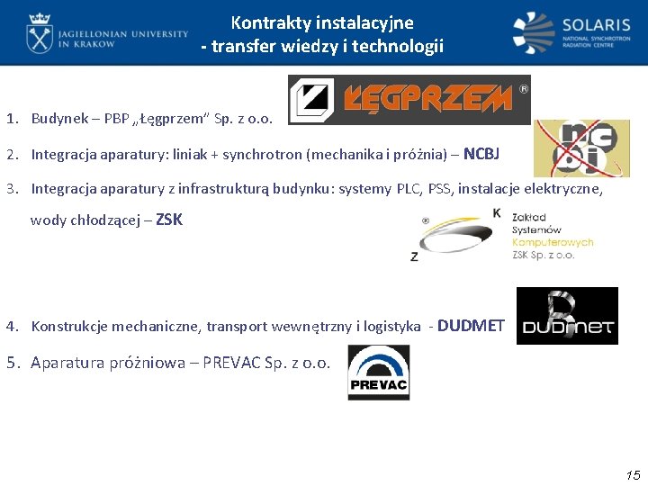 Kontrakty instalacyjne - transfer wiedzy i technologii 1. Budynek – PBP „Łęgprzem” Sp. z