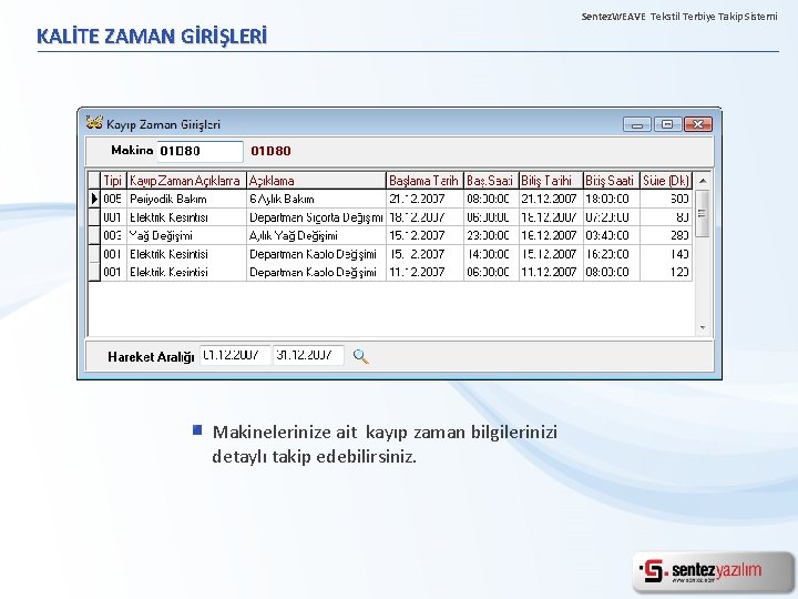 KALİTE ZAMAN GİRİŞLERİ Makinelerinize ait kayıp zaman bilgilerinizi detaylı takip edebilirsiniz. Sentez. WEAVE Tekstil