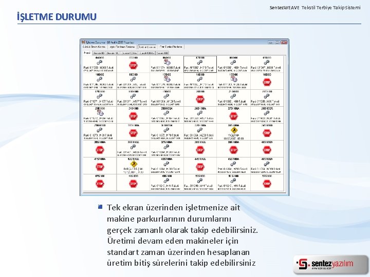 Sentez. WEAVE Tekstil Terbiye Takip Sistemi İŞLETME DURUMU Tek ekran üzerinden işletmenize ait makine