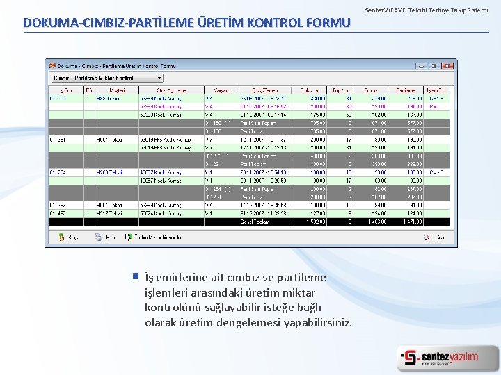 DOKUMA-CIMBIZ-PARTİLEME ÜRETİM KONTROL FORMU İş emirlerine ait cımbız ve partileme işlemleri arasındaki üretim miktar