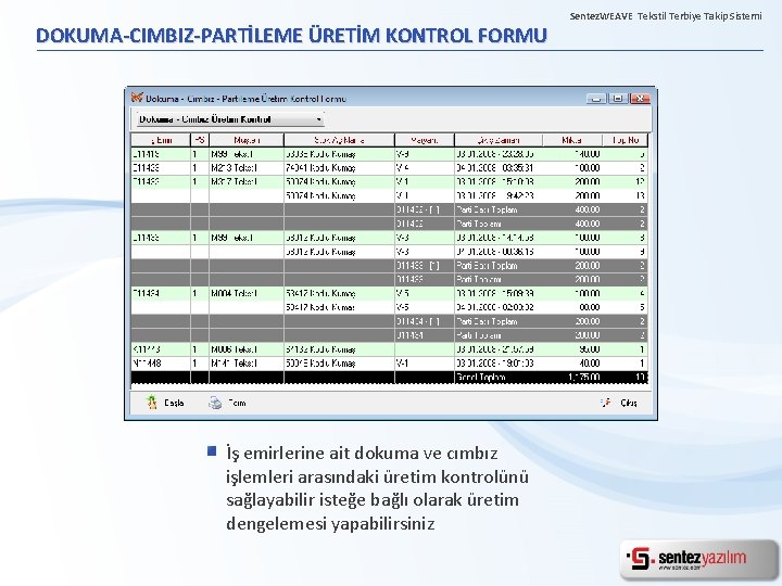 DOKUMA-CIMBIZ-PARTİLEME ÜRETİM KONTROL FORMU İş emirlerine ait dokuma ve cımbız işlemleri arasındaki üretim kontrolünü