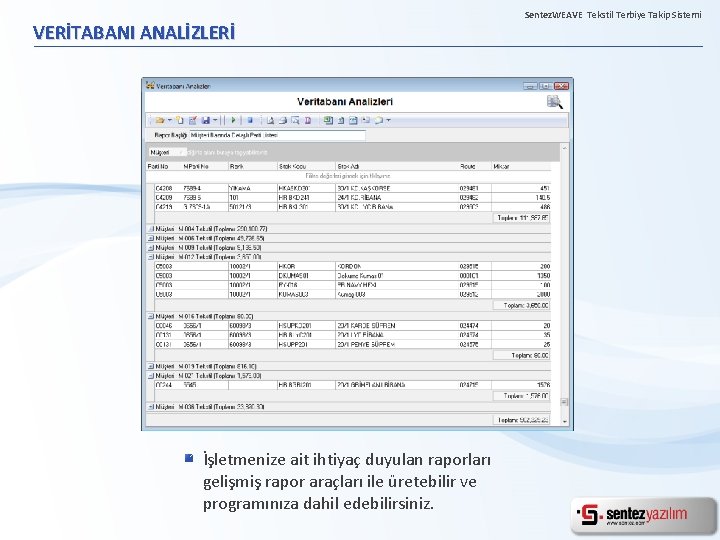 VERİTABANI ANALİZLERİ İşletmenize ait ihtiyaç duyulan raporları gelişmiş rapor araçları ile üretebilir ve programınıza