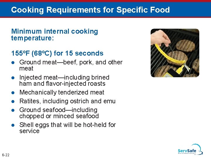 Cooking Requirements for Specific Food Minimum internal cooking temperature: 155ºF (68ºC) for 15 seconds