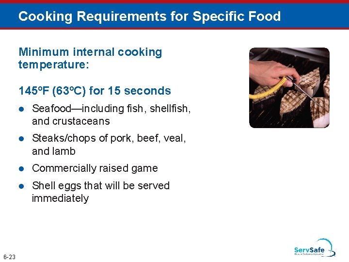 Cooking Requirements for Specific Food Minimum internal cooking temperature: 145ºF (63ºC) for 15 seconds